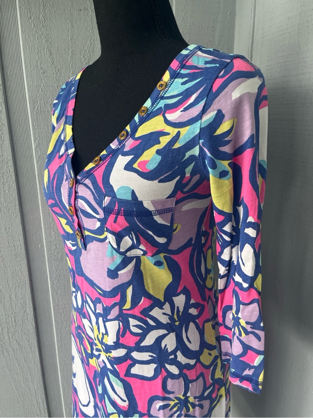 Lily Pulitzer Palmetto Henley Dress Catwalkin Tropical Pink Floral Cotton XS EUC